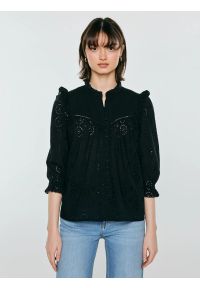 Big-Star - Bluzka damska bawełniana z rękawem 3/4 czarna Bohna 906. Okazja: na co dzień. Typ kołnierza: kołnierzyk stójkowy, kołnierz z falbankami. Kolor: czarny. Materiał: bawełna. Wzór: ażurowy, haft, aplikacja, koronka. Styl: casual, elegancki, boho #3