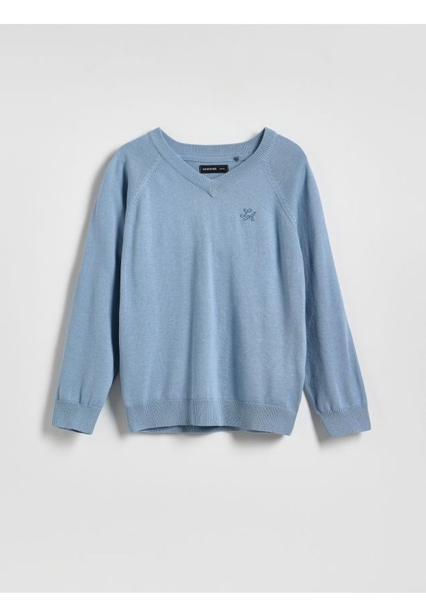 Reserved - Sweter z dekoltem V - jasnoniebieski. Kolor: niebieski. Materiał: dzianina, bawełna