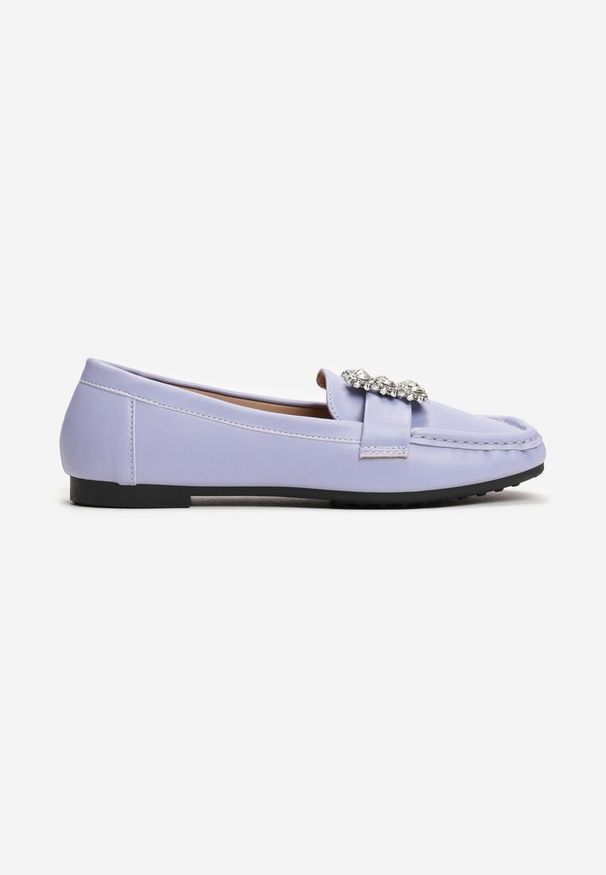 Born2be - Fioletowe Mokasyny z Kryształkami i Kwadratowym Noskiem Hininea. Kolor: fioletowy. Styl: elegancki