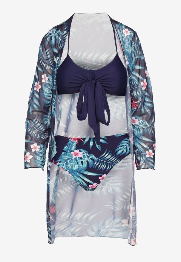 Born2be - Granatowe Bikini Wiązany Biustonosz i Majtki Figi z Dodatkową Narzutką z Siateczki Zareliah. Kolor: niebieski. Materiał: len. Wzór: aplikacja