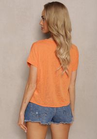 Renee - Pomarańczowy Casualowy T-shirt Ozdobiony Cyrkoniami i Wiązaniem Efika. Okazja: na co dzień. Kolor: pomarańczowy. Materiał: jeans. Wzór: aplikacja. Styl: casual #5