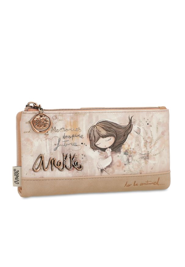 Beżowy Portfel Damski Anekke Premium. Kolor: beżowy. Materiał: materiał. Wzór: napisy, aplikacja, haft