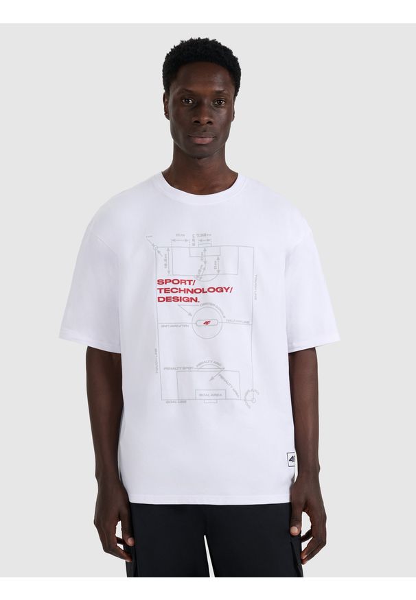 4f - 4F T-shirt oversize z nadrukiem męski - biały M. Okazja: na co dzień. Kolor: biały. Materiał: bawełna. Wzór: nadruk. Styl: casual