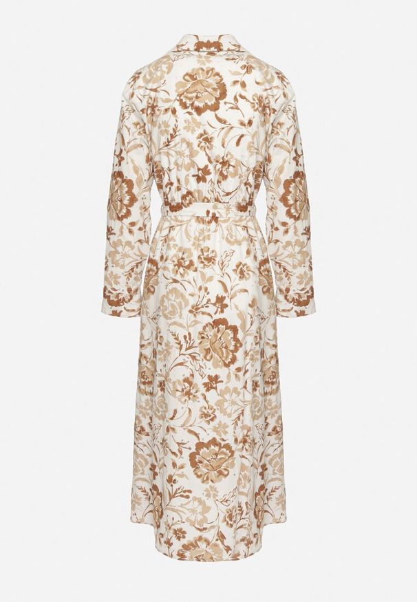 Born2be - Jasnobeżowa Sukienka Koszulowa z Wiskozy w Kwiaty z Wiązanym Paskiem Lorkia. Okazja: na co dzień. Kolor: beżowy. Materiał: wiskoza. Długość rękawa: długi rękaw. Wzór: kwiaty. Sezon: wiosna, lato. Typ sukienki: koszulowe. Styl: casual, klasyczny, elegancki