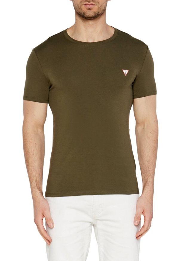 Guess - GUESS Zielony męski t-shirt z okrągłym dekoltem, Rozmiar L. Okazja: na co dzień. Kolor: zielony. Materiał: materiał, bawełna, elastan. Długość rękawa: krótki rękaw. Długość: krótkie. Styl: casual