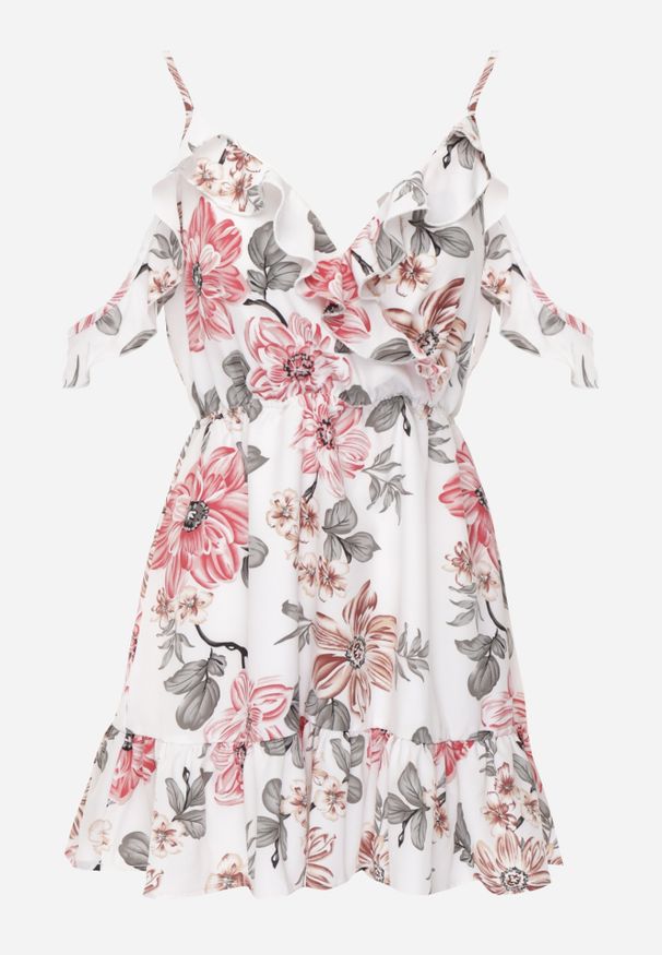 Renee - Biała Rozkloszowana Sukienka w Kwiaty z Falbanami Nonare. Typ kołnierza: kołnierz z falbankami, dekolt kopertowy. Kolor: biały. Długość rękawa: na ramiączkach. Wzór: kwiaty. Typ sukienki: kopertowe. Długość: mini