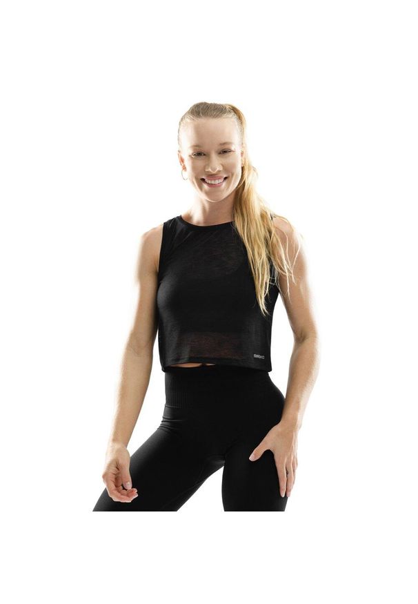 SIROKO - Damska treningowa koszulka crop top bez rękawów Fitness Siroko Beat. Kolor: czarny. Materiał: materiał. Długość rękawa: bez rękawów. Sport: fitness