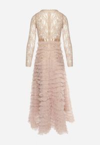 Born2be - Beżowa Maxi Sukienka Rozkloszowana z Koronkową Górą i Tiulowymi Falbankami Firina. Typ kołnierza: kołnierz z falbankami. Kolor: beżowy. Materiał: tiul, koronka. Długość: maxi #4