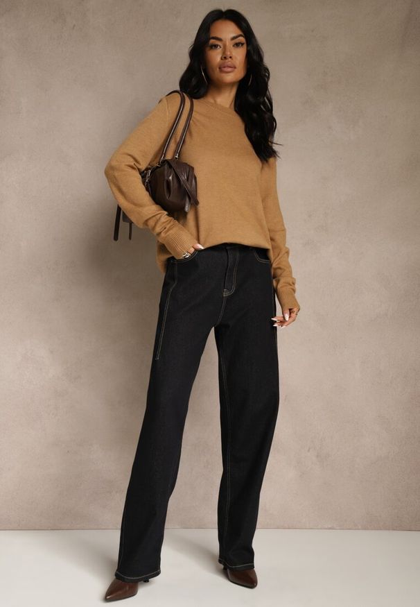 Renee - Brązowy Klasyczny Sweter z Wełną i Bawełną Bez Zdobień Neandia. Kolor: brązowy. Materiał: wełna, bawełna. Wzór: aplikacja. Styl: klasyczny