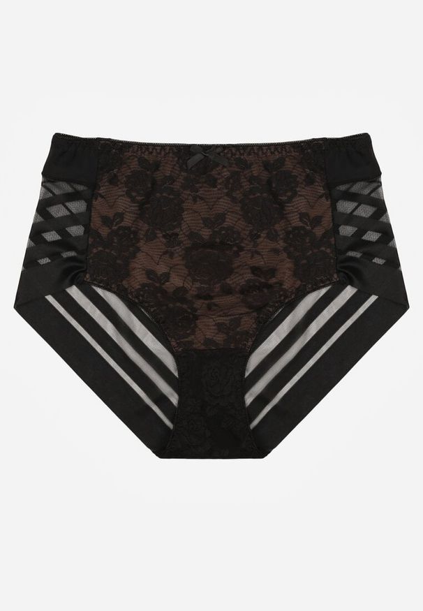 Renee - Czarno-Beżowe Siateczkowe Majtki Figi High Waist z Koronkowymi Zdobieniami Heylih. Stan: podwyższony. Kolor: czarny. Materiał: koronka. Wzór: aplikacja