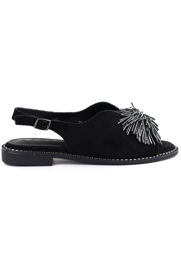 POTOCKI - Sandały damskie zabudowane z cekinami czarne Potocki 43349. Kolor: czarny. Materiał: tkanina