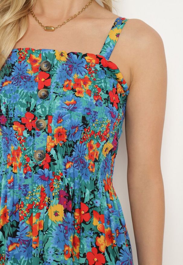 Born2be - Niebiesko-Czerwona Wiskozowa Sukienka z Gumką w Talii na Cienkich Ramiączkach z Guzikami Opelea. Okazja: na co dzień. Kolor: niebieski. Materiał: wiskoza. Długość rękawa: na ramiączkach. Sezon: lato. Styl: casual, elegancki