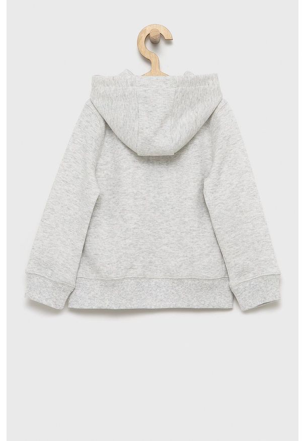 Guess Bluza dziecięca kolor szary z kapturem z aplikacją. Okazja: na co dzień. Typ kołnierza: kaptur. Kolor: szary. Materiał: poliester. Wzór: aplikacja. Styl: casual