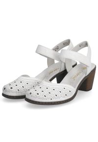 Skórzane komfortowe sandały damskie na obcasie białe Rieker 40991-80. Kolor: biały. Materiał: skóra. Obcas: na obcasie. Wysokość obcasa: średni #9
