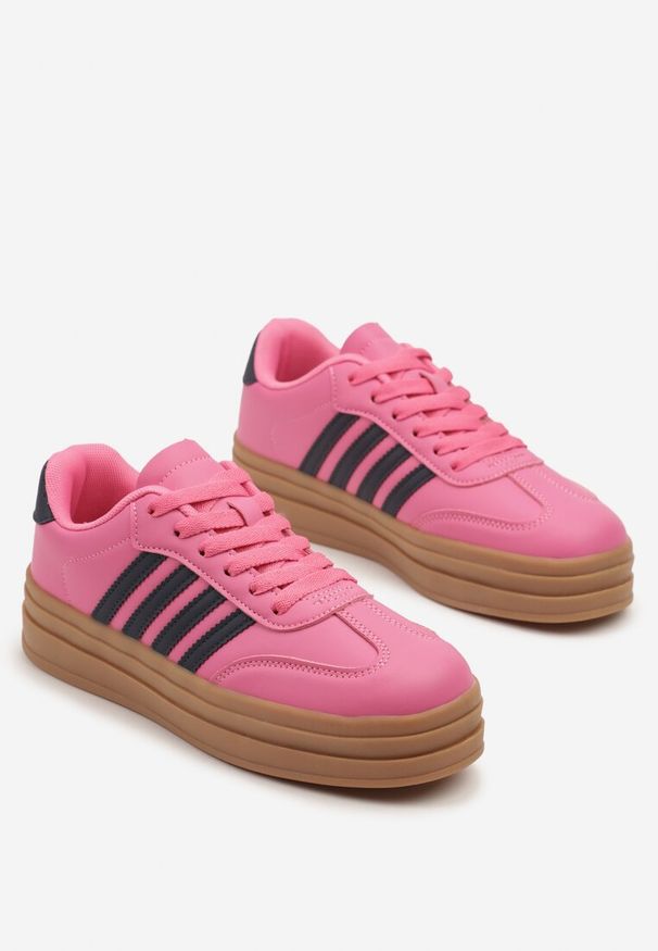 Renee - Różowo-Granatowe Sneakersy Kultowe Tenisówki na Grubej Podeszwie z Tłoczeniami Ellimia. Okazja: na co dzień. Kolor: różowy. Materiał: jeans