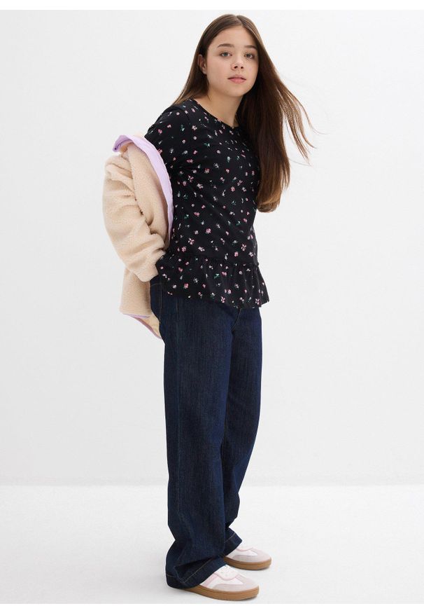 bonprix - Bluzka z długim rękawem z elastycznej mieszanki bawełny organicznej. Typ kołnierza: kołnierz z falbankami. Kolor: czarny. Materiał: bawełna. Długość rękawa: długi rękaw. Długość: długie