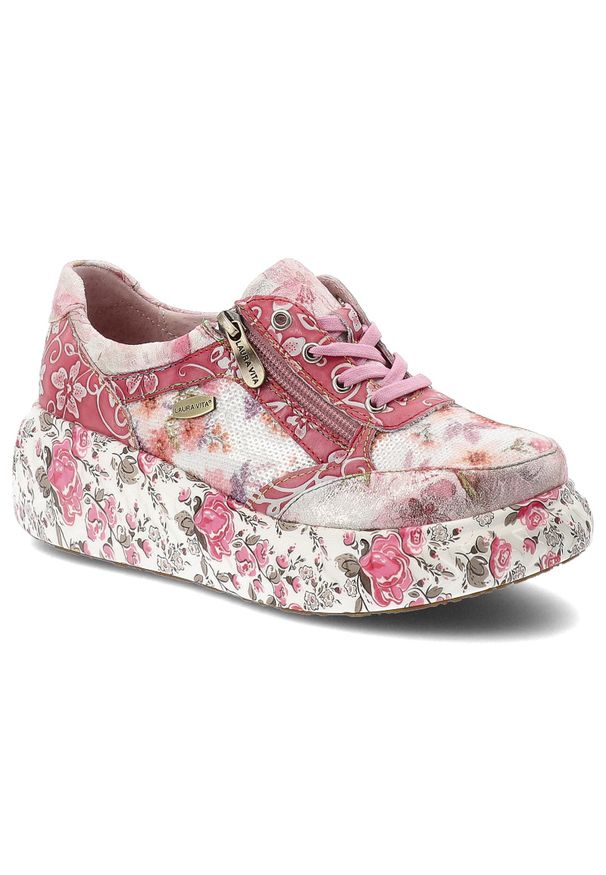 Sneakersy damskie Laura Vita, ze skóry naturalnej na solidnej podeszwie z klasycznym sznurowaniem, różowe, 51 SL26803B-51B. Okazja: na co dzień. Zapięcie: sznurówki. Kolor: różowy. Materiał: skóra. Wzór: nadruk, kwiaty. Styl: klasyczny