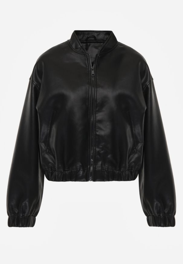 Born2be - Czarna Kurtka Bomberka z Imitacji Skóry o Krótkim Kroju Edalindra. Okazja: na randkę. Kolor: czarny. Materiał: skóra. Długość: krótkie. Wzór: kwiaty