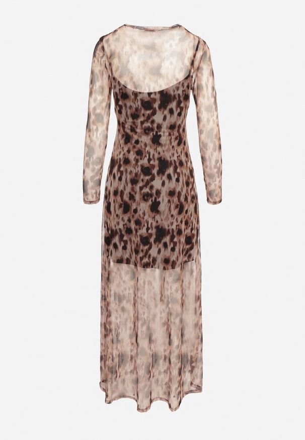 Born2be - Czarno-Beżowa Sukienka z Siateczki w Panterkę z Elastyczną Halką Delafira. Kolor: czarny. Materiał: skóra, materiał. Długość rękawa: długi rękaw. Wzór: motyw zwierzęcy. Styl: elegancki, klasyczny, wizytowy