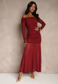 Renee - Bordowa Koktajlowa Sukienka z Prześwitującymi Rękawami i Marszczeniem Haludea. Okazja: na imprezę. Kolor: czerwony. Styl: wizytowy #1