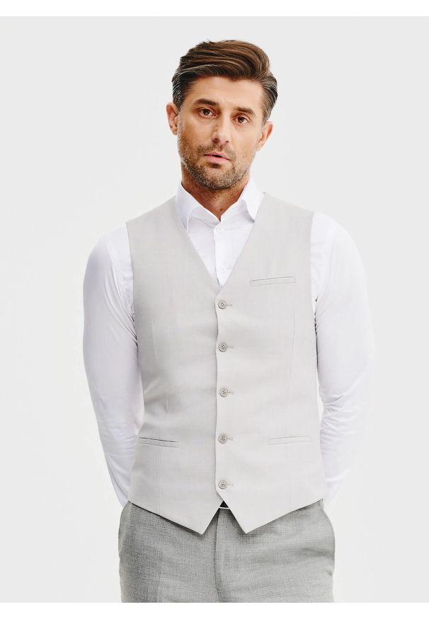 Pako Lorente - PAKO LORENTE – Jednorzędowa szara kamizelka. Kolor: szary. Materiał: poliester, wiskoza. Styl: elegancki, młodzieżowy