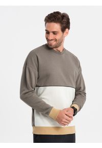 Ombre Clothing - Bluza męska OVERSIZE z kontrastowym łączeniem kolorów - khaki V7 - Rozmiar: XL. Kolor: brązowy. Materiał: materiał, poliester, bawełna. Wzór: aplikacja #5