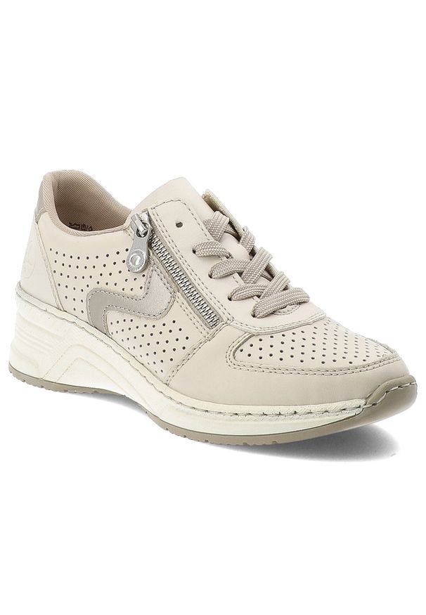 Sneakersy damskie Rieker, cholewka perforowana sznurowanie zamek z boku wzmocniony nosek niski profil kontrastowe wstawki miękka wyściółka stabilna k. Okazja: na co dzień, na spacer. Zapięcie: sznurówki. Kolor: beżowy. Materiał: jeans. Szerokość cholewki: normalna. Styl: elegancki, sportowy, casual
