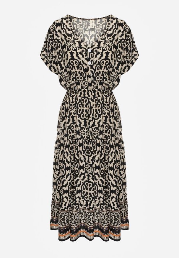 Renee - Czarno-Beżowa Sukienka z Bawełny z Trójkątnym Dekoltem i Gumką w Talii Zapinana na Guziki Lavlea. Okazja: na co dzień. Kolor: czarny. Materiał: bawełna. Długość rękawa: krótki rękaw. Sezon: lato. Typ sukienki: proste. Styl: casual, wizytowy