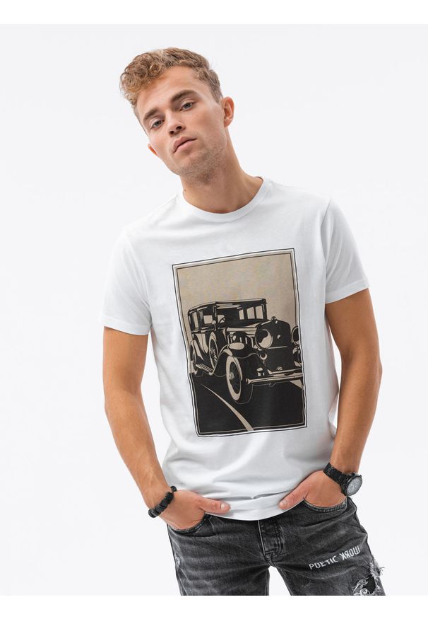 Ombre Clothing - T-shirt męski z nadrukiem S1434 V-11A - biały - XXL. Kolor: biały. Materiał: bawełna. Wzór: nadruk. Styl: klasyczny