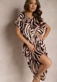 Renee - Brązowo-Beżowa Midi Sukienka Pudełkowa w Animal Print z Paskiem Avula. Kolor: brązowy. Wzór: nadruk. Styl: klasyczny, elegancki. Długość: midi #5