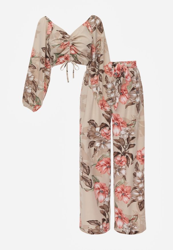 Born2be - Beżowy 2-częściowy Komplet w Kwiaty Dansoll. Kolor: beżowy. Materiał: tkanina. Wzór: kwiaty