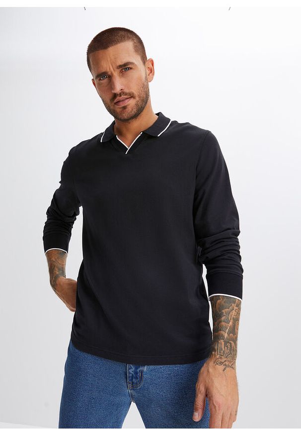 bonprix - Koszulka polo z czystej bawełny organicznej. Typ kołnierza: polo. Kolor: czarny. Materiał: bawełna. Długość rękawa: długi rękaw. Długość: długie