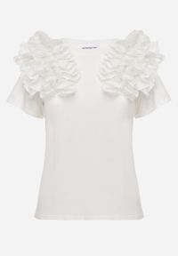 Renee - Biały T-shirt z Bawełny Ozdobiony Bufiastymi Falbankami Kandrra. Typ kołnierza: kołnierz z falbankami. Kolor: biały. Materiał: bawełna. Wzór: aplikacja #2