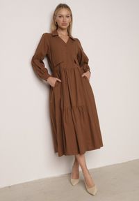 Born2be - Brązowa Bawełniano-Wiskozowa Sukienka Koszulowa z Imitacją Kieszeni Biriala. Okazja: na co dzień. Kolor: brązowy. Materiał: wiskoza, bawełna. Typ sukienki: koszulowe. Styl: casual, elegancki, klasyczny #6