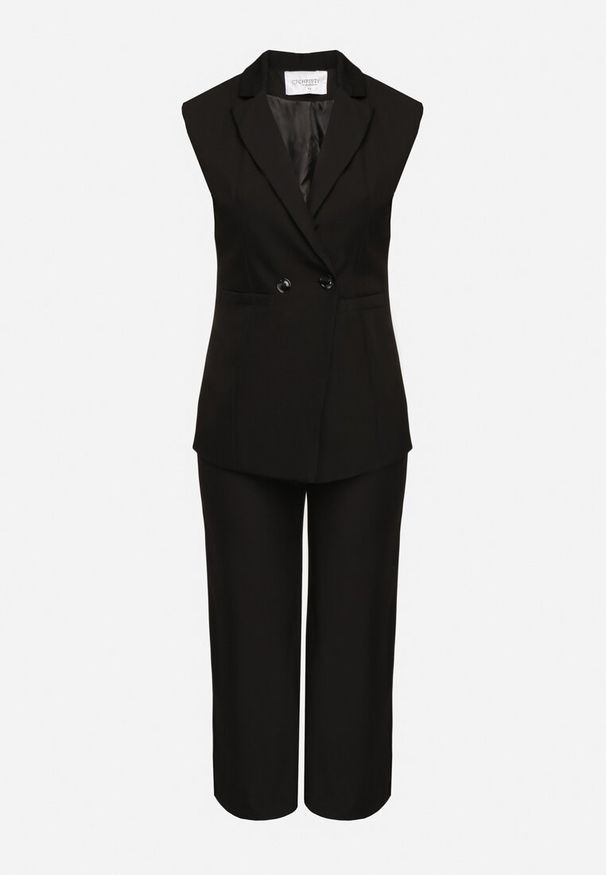 Born2be - Czarny Jedwabny Komplet Dwurzędowa Kamizelka i Szerokie Spodnie Silapia. Kolor: czarny. Materiał: jedwab