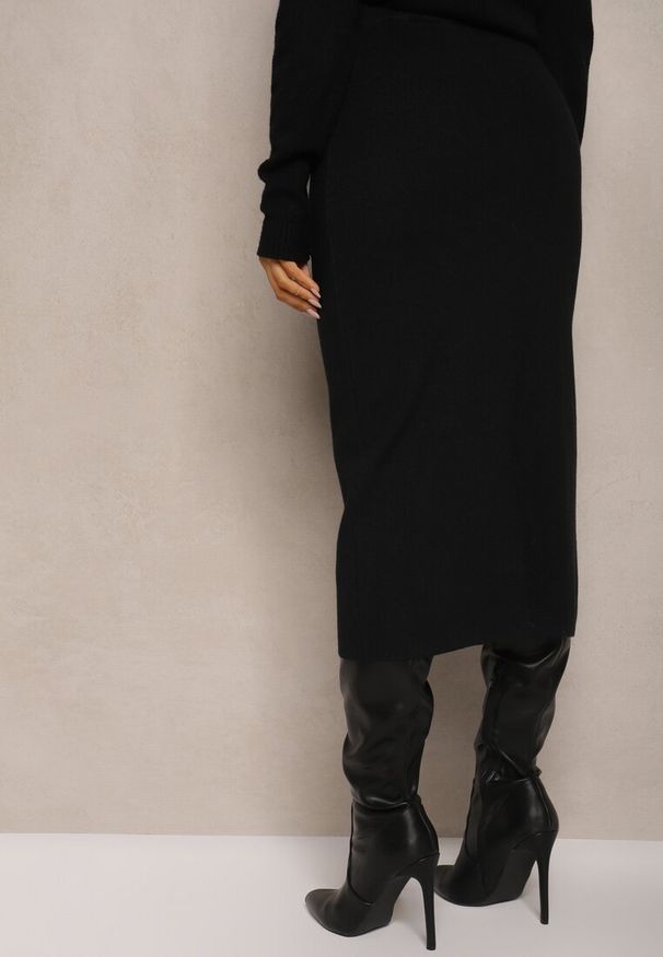 Renee - Czarna Spódnica Ołówkowa z Kaszmirem High Waist z Ozdobnymi Guzikami i Kieszeniami Edithwen. Stan: podwyższony. Kolor: czarny. Materiał: kaszmir. Sezon: zima