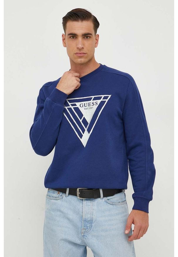 Guess bluza męska kolor granatowy z nadrukiem. Kolor: niebieski. Materiał: bawełna, prążkowany. Wzór: nadruk