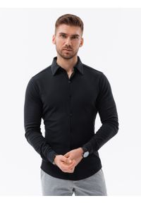 Ombre Clothing - Koszula dzianinowa męska SLIM FIT z długim rękawem – czarna V4 OM-SHCS-0177 - L. Kolor: czarny. Materiał: dzianina. Długość rękawa: długi rękaw. Długość: długie