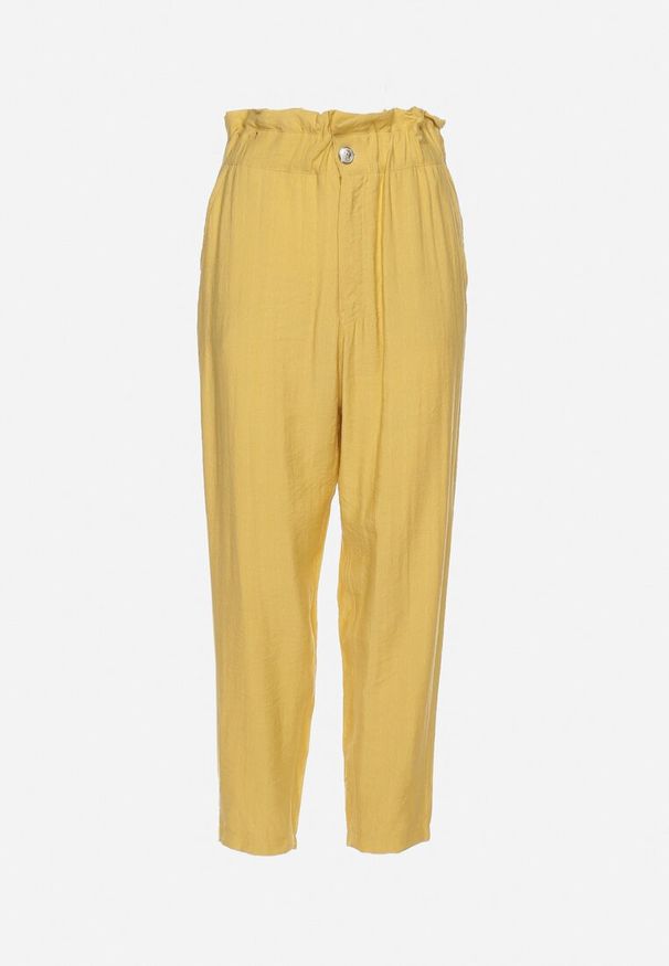 Born2be - Żółte Spodnie z Marszczoną Gumką w Pasie o Klasycznym Kroju Anifa. Stan: podwyższony. Kolor: żółty. Styl: klasyczny