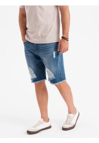 Ombre Clothing - Męskie krótkie spodenki jeansowe z przetarciami i dziurami – niebieskie V3 - Rozmiar: M. Okazja: na co dzień. Kolor: niebieski. Materiał: jeans. Długość: krótkie. Wzór: aplikacja. Sezon: lato. Styl: klasyczny, casual #10