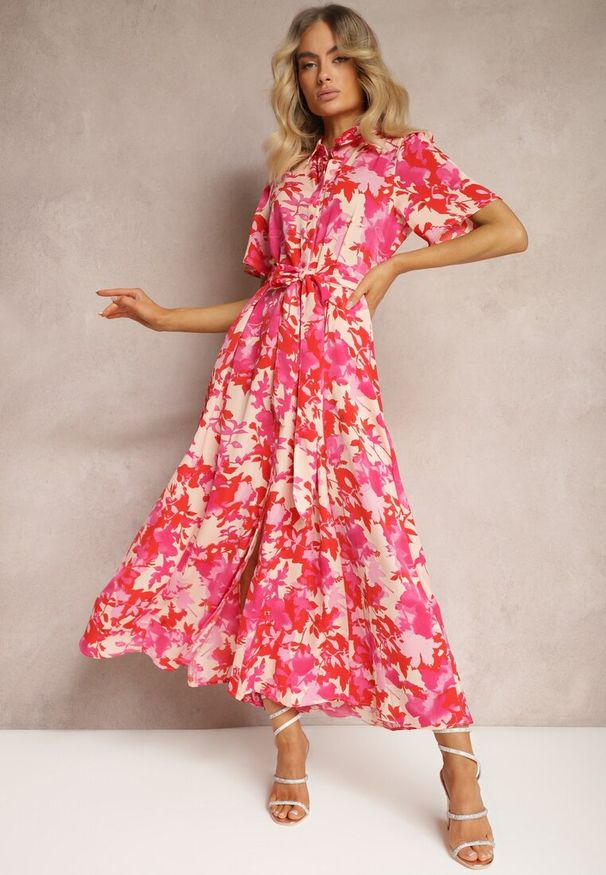 Renee - Czerwono-Różowa Koszulowa Sukienka w Kwiaty z Krótkim Rękawem i Materiałowym Paskiem Moahia. Okazja: na imprezę. Typ kołnierza: dekolt w kształcie V. Kolor: czerwony. Wzór: kwiaty. Typ sukienki: koszulowe. Materiał: materiał. Długość rękawa: krótki rękaw. Sezon: wiosna, lato. Styl: elegancki