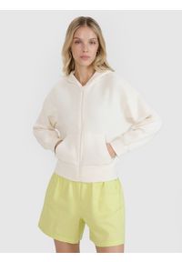 4f - 4F Bluza dresowa rozpinana z kapturem damska - biała L. Okazja: na co dzień. Typ kołnierza: kaptur. Kolor: biały. Materiał: dresówka. Wzór: gładki, ze splotem. Styl: klasyczny, sportowy, casual