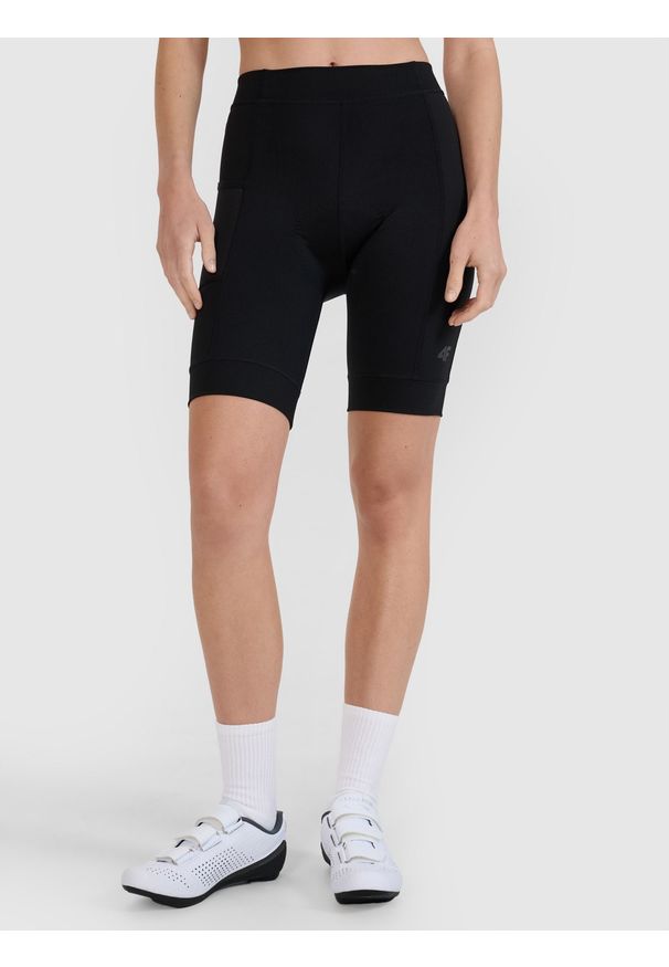 4f - 4F Legginsy kolarki rowerowe z żelową wkładką damskie - czarne L. Kolor: czarny. Materiał: dzianina, elastan, włókno, tkanina, syntetyk, materiał, poliester. Długość: krótkie. Wzór: gładki, ze splotem. Sport: kolarstwo