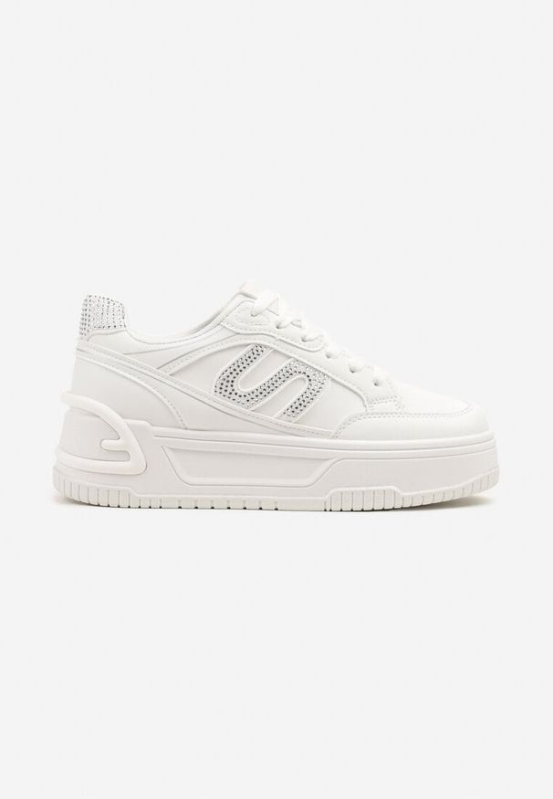 Born2be - Białe Sneakersy na Grubej Podeszwie z Geometrycznym Wzorem Korsemi. Okazja: na co dzień. Kolor: biały. Materiał: skóra, jeans. Wzór: geometria