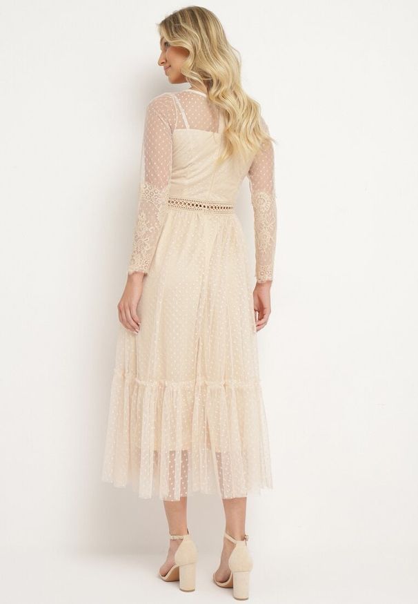 Born2be - Ciemnobeżowa Sukienka Maxi o Rozkloszowanym Fasonie z Ozdobną Koronką i Tiulem Steilla. Kolor: beżowy. Materiał: tiul, koronka. Wzór: koronka. Długość: maxi