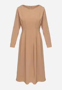 Born2be - Ciemnobeżowa Elegancka Sukienka Rozkloszowana Temarielis. Kolor: beżowy. Długość rękawa: długi rękaw. Typ sukienki: oversize, rozkloszowane. Styl: elegancki #2