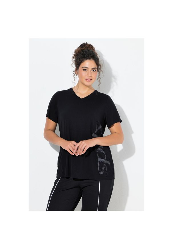 ULLA POPKEN - Damskie Bluzka funkcyjna dekolt w szpic rękaw 1/2 antybakteryjny materiał. Kolekcja: plus size. Kolor: czarny. Materiał: wiskoza, poliester, materiał