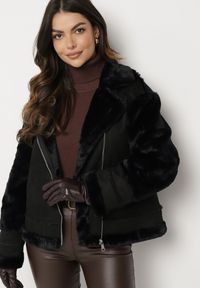 Born2be - Czarna Kurtka Biker o Prostym Kroju z Asymetrycznym Suwakiem i Futrzanymi Wstawkami Liogala. Okazja: na co dzień, na spacer. Kolor: czarny. Materiał: futro. Styl: casual, klasyczny #6