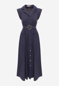 Renee - Granatowa Bawełniano-Wiskozowa Sukienka Koszulowa Bez Rękawów z Paskiem Athithoe. Okazja: na co dzień. Kolor: niebieski. Materiał: wiskoza, bawełna. Długość rękawa: bez rękawów. Typ sukienki: koszulowe. Styl: casual, elegancki #3