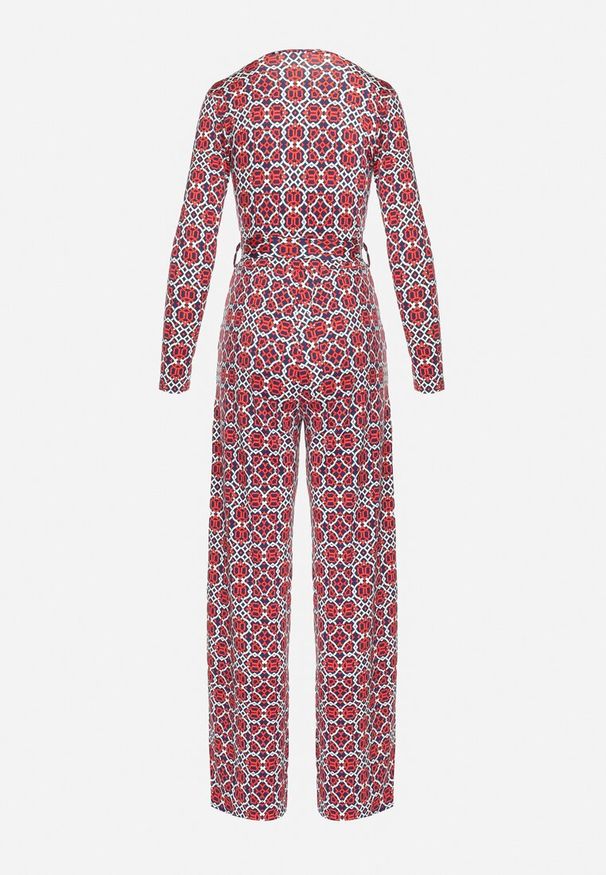 Born2be - Czerwono-Biały Wzorzysty Kombinezon z Długim Rękawem i Szerokimi Spodniami z Wiązaniem w Pasie Vilati. Kolor: niebieski. Długość rękawa: długi rękaw. Długość: długie. Wzór: geometria. Styl: elegancki